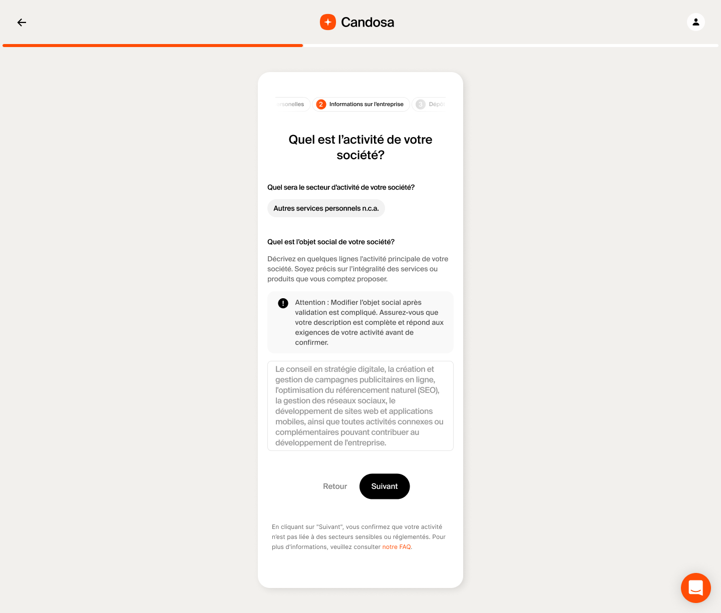 Phase 1, open text field with a sector tag, disclaimer, FAQ, and description