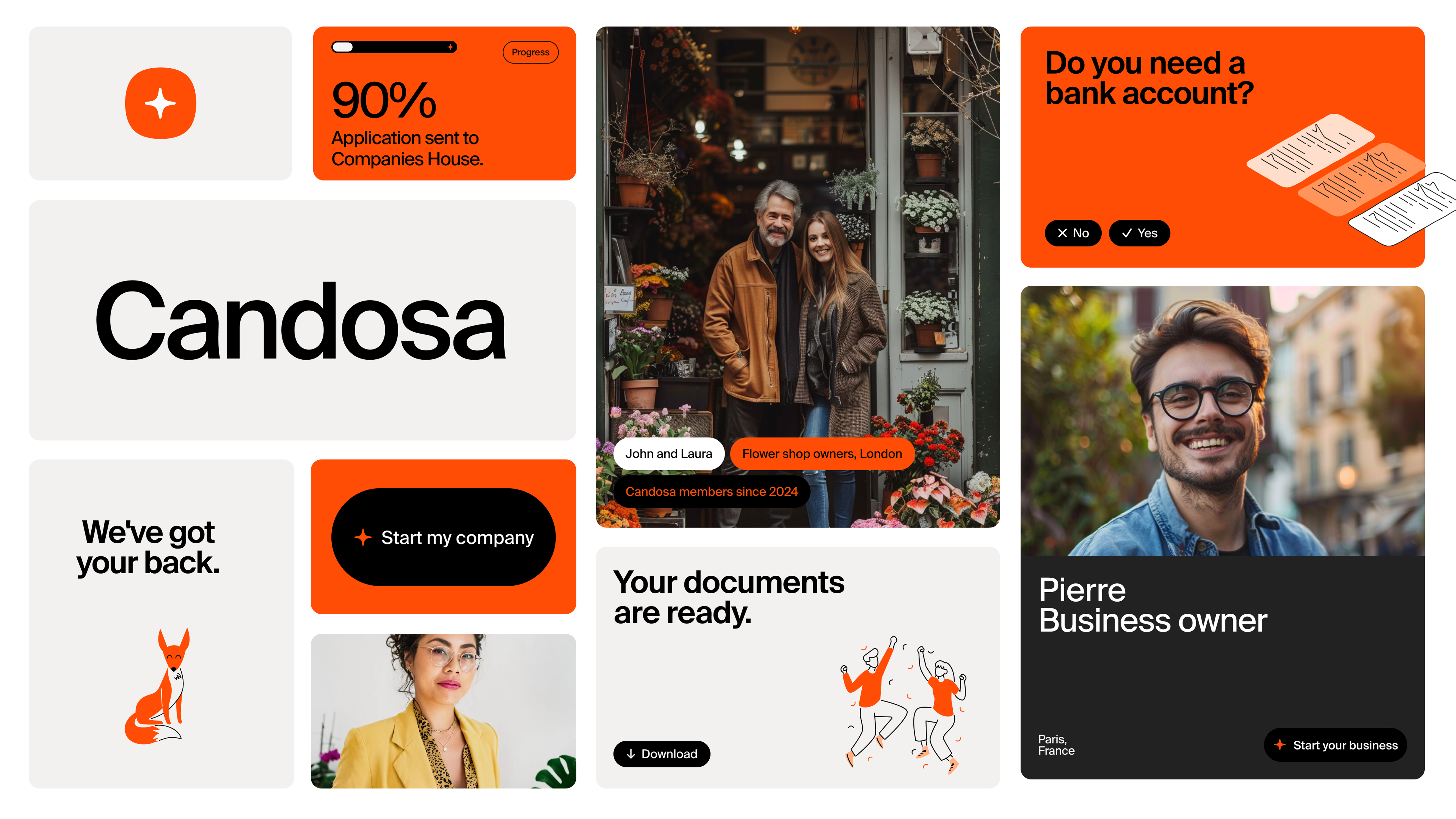 The 2024 UK brand board, bold orange wordmark, the flat illustrated fox, and early marketing moments