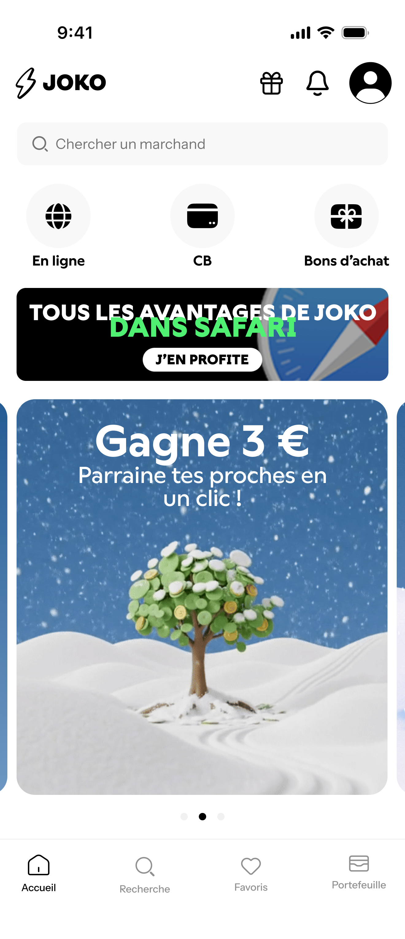 Discovery, the referral banner on the Joko home feed, ‘Gagne 3 €, parraine tes proches en un clic’