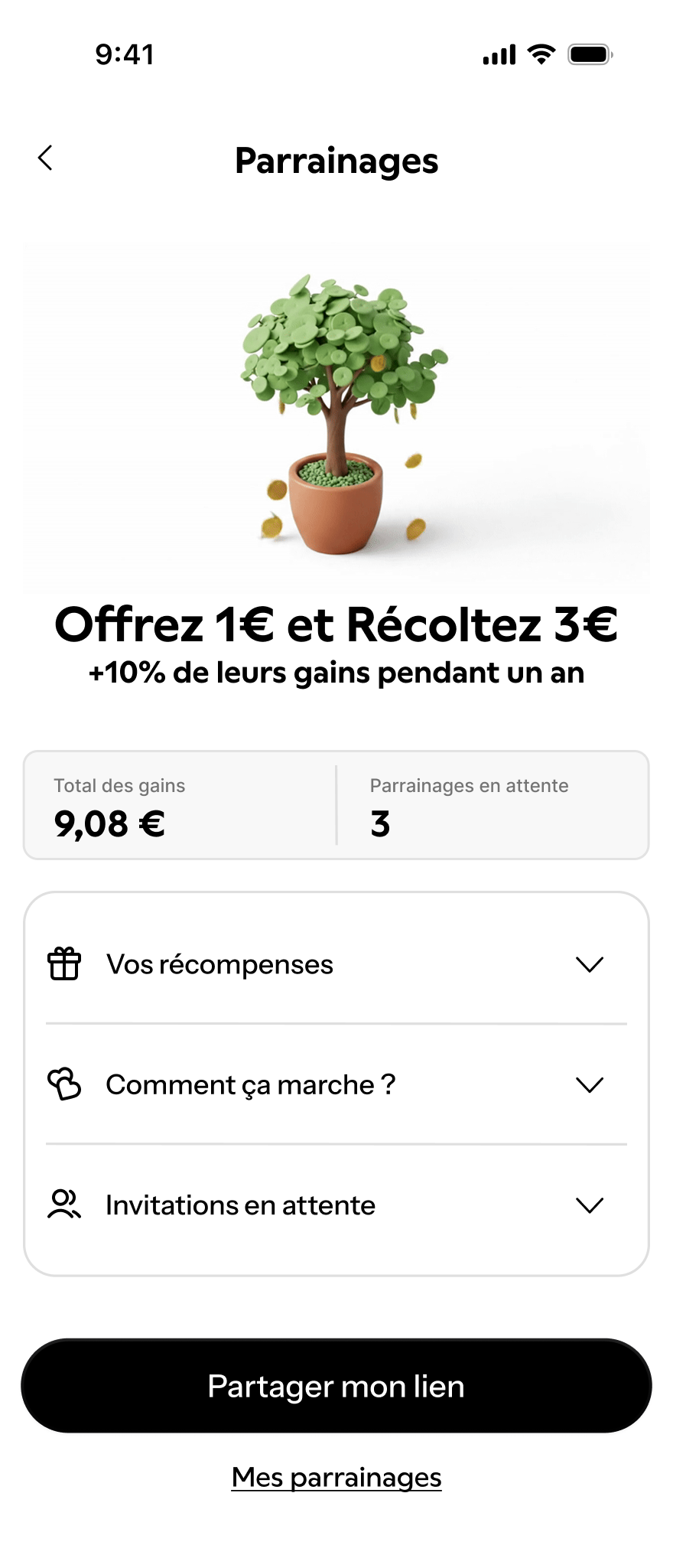 The referral hub, ‘Offre 1 € et récolte 3 €’, with rewards, how-it-works, and share-my-link