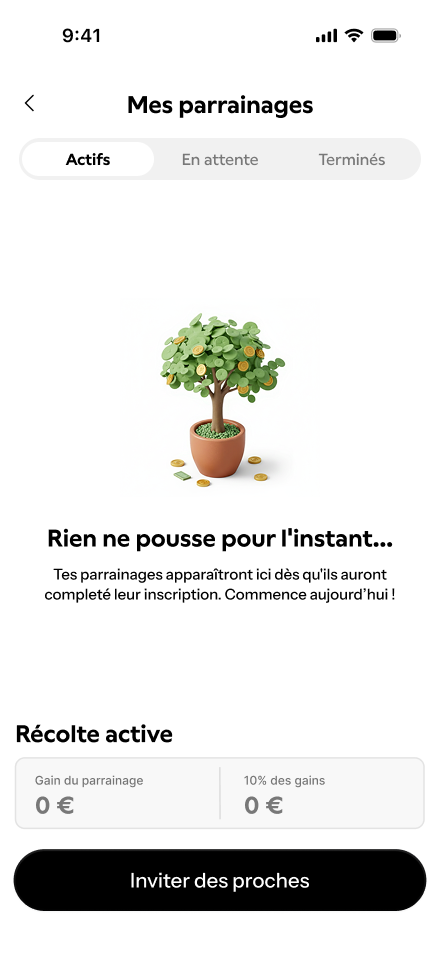 Tracking dashboard, active tab empty, ‘Rien ne pousse pour l’instant’