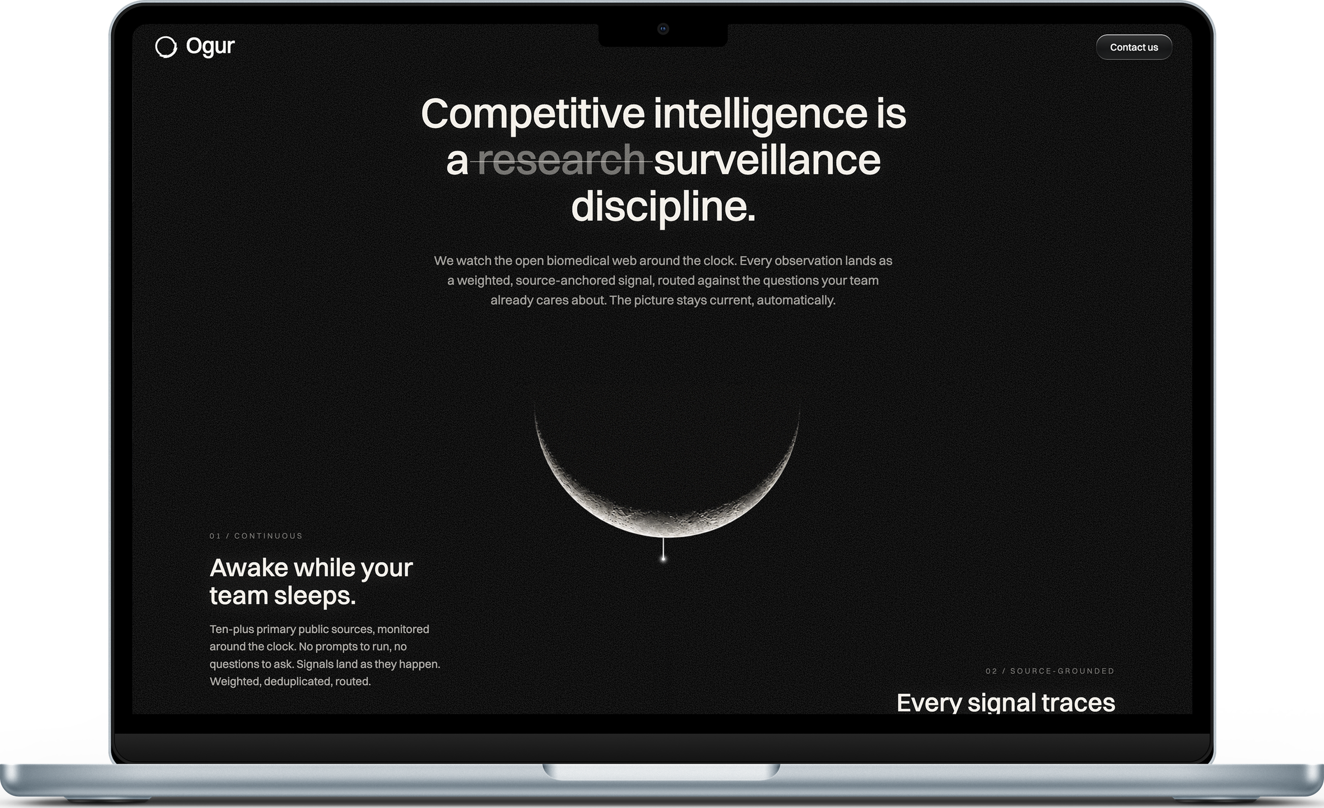 OGUR marketing site on desktop, competitive intelligence is a surveillance discipline