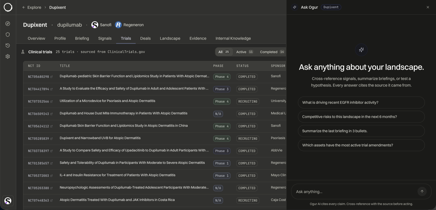 The Ask layer opening over a depth tab, answers cited to signals