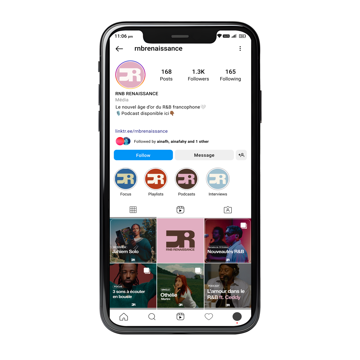 The brand on Instagram, profile with icon-variation highlights and a post grid