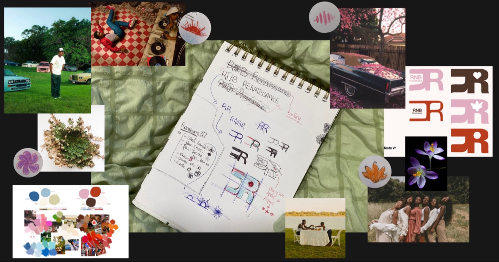 Research moodboard: references, color tests, and early monogram sketches